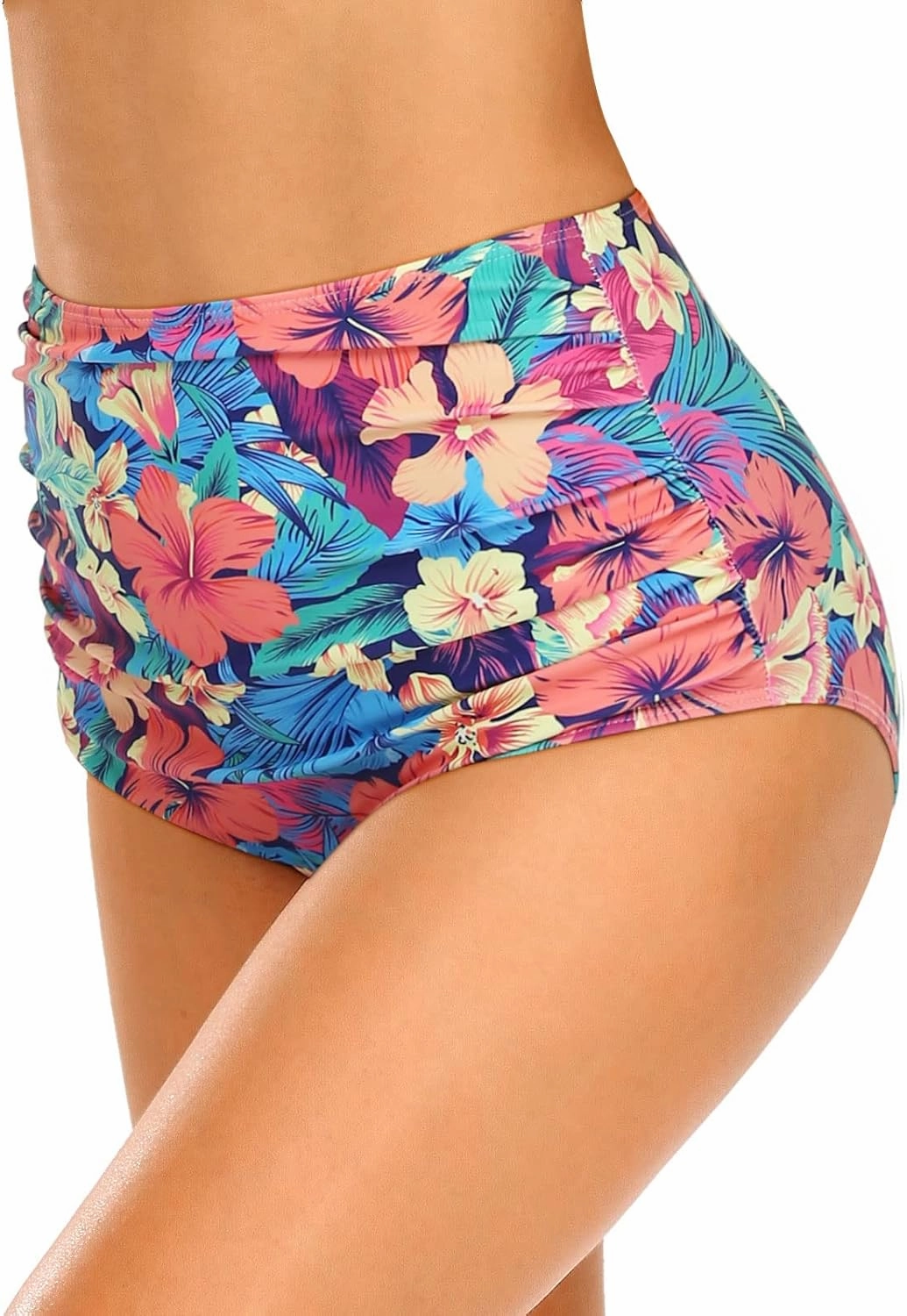 Edelqual Women's High Waisted Bikini Bottom Tummy Control Full Coverage Ruched Bathing Suit Swimsuit Tankini Swim Shorts