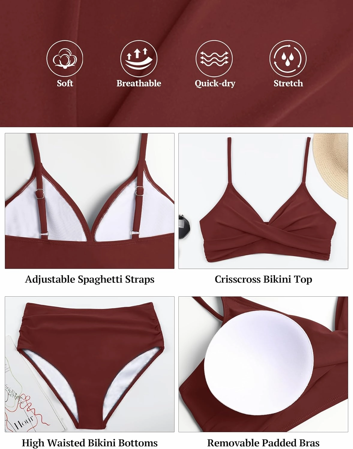 Edelqual Women's High Waisted Bikini Sets Two Piece Swimsuit Tummy Control Bathing Suit V Neck Swimwear 2025 Swim Suit