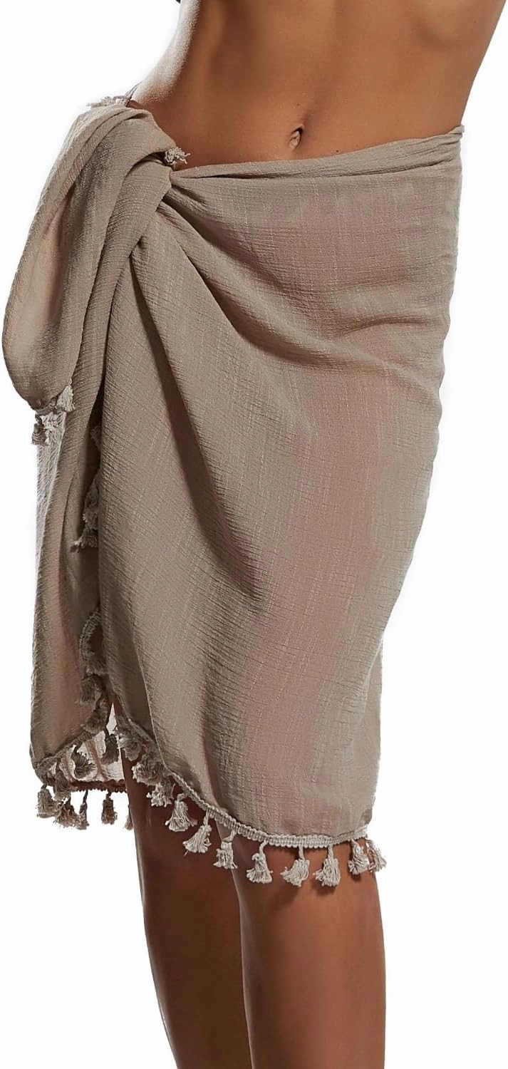 Eicolorte Beach Sarong Pareo Womens Semi-Sheer Swimwear Cover Ups Short Skirt with Tassels