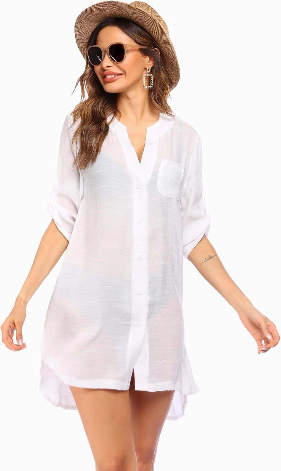 Ekouaer Bathing Suit Cover Up for Women V Neck Button Down Swimsuit Coverup Beach Dress Shirt S-3XL