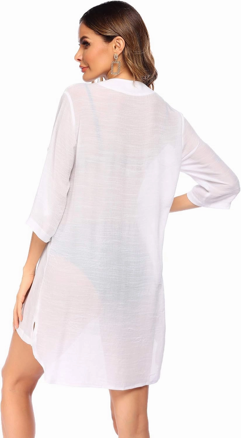 Ekouaer Bathing Suit Cover Up for Women V Neck Button Down Swimsuit Coverup Beach Dress Shirt S-3XL