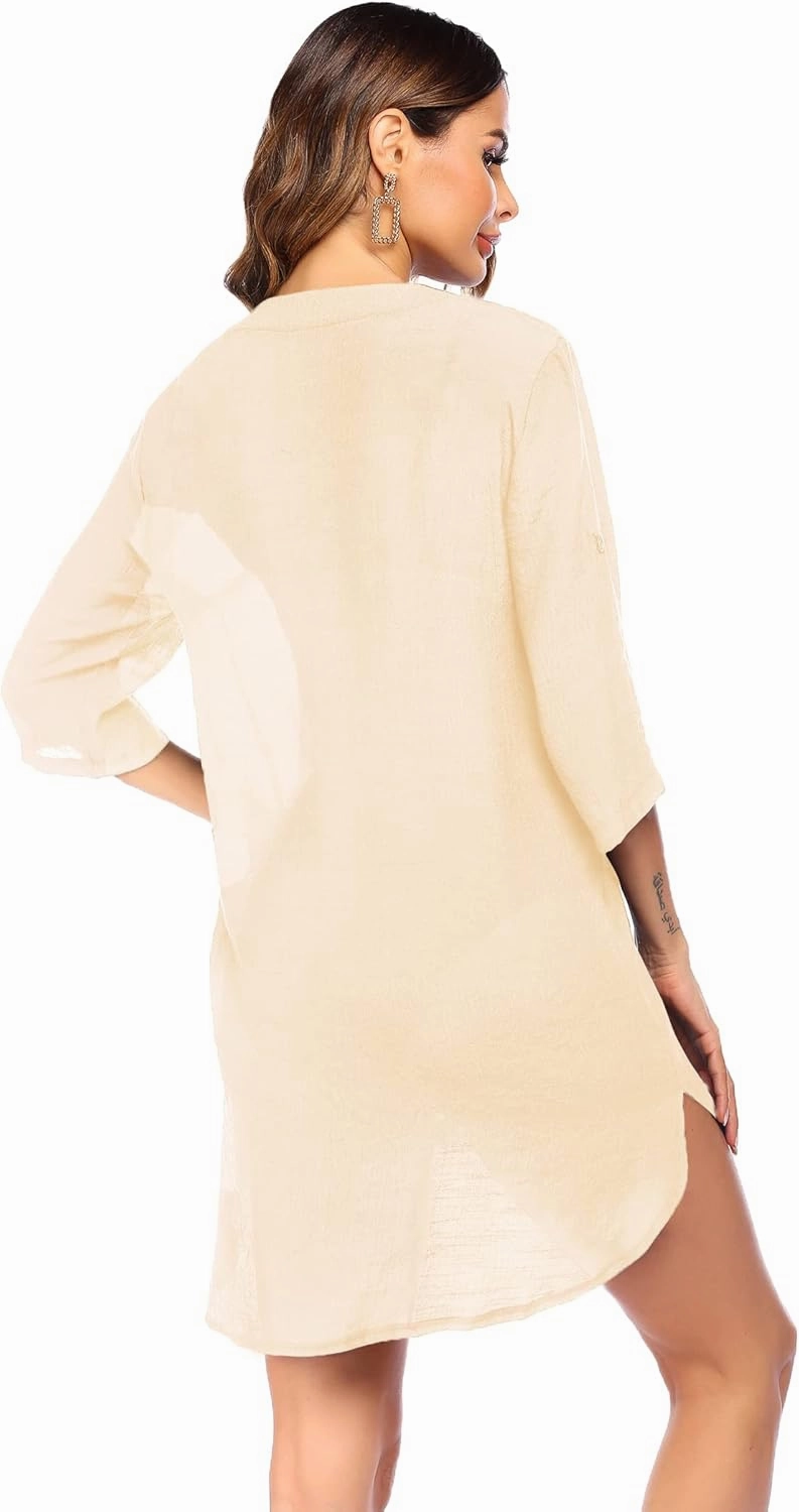Ekouaer Bathing Suit Cover Up for Women V Neck Button Down Swimsuit Coverup Beach Dress Shirt S-3XL