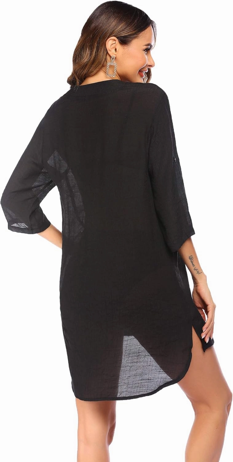Ekouaer Bathing Suit Cover Up for Women V Neck Button Down Swimsuit Coverup Beach Dress Shirt S-3XL