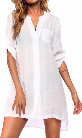Ekouaer Bathing Suit Cover Up for Women V Neck Button Down Swimsuit Coverup Beach Dress Shirt S-3XL