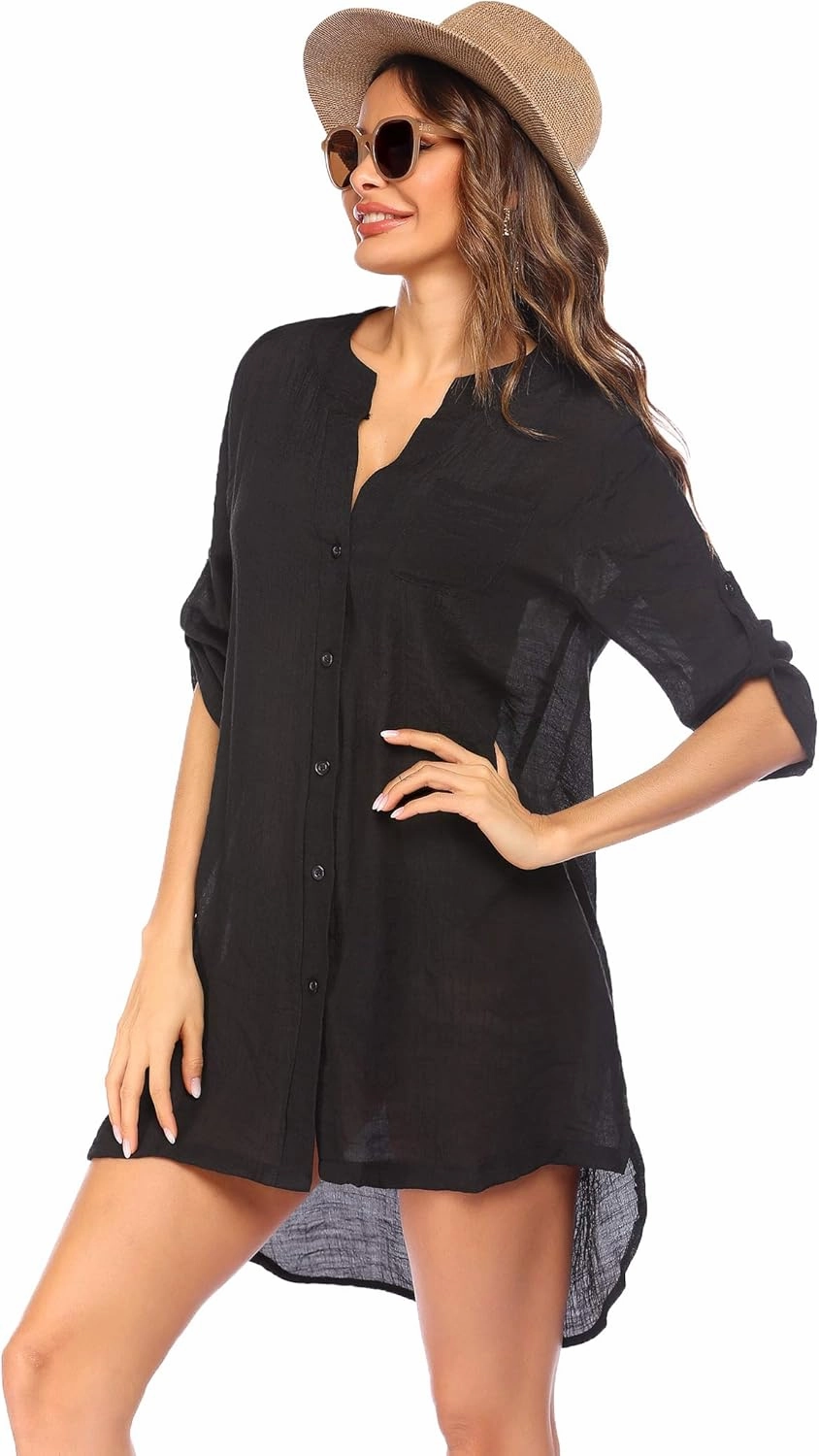 Ekouaer Bathing Suit Cover Up for Women V Neck Button Down Swimsuit Coverup Beach Dress Shirt S-3XL