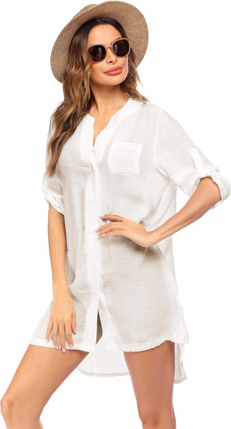 Ekouaer Bathing Suit Cover Up for Women V Neck Button Down Swimsuit Coverup Beach Dress Shirt S-3XL