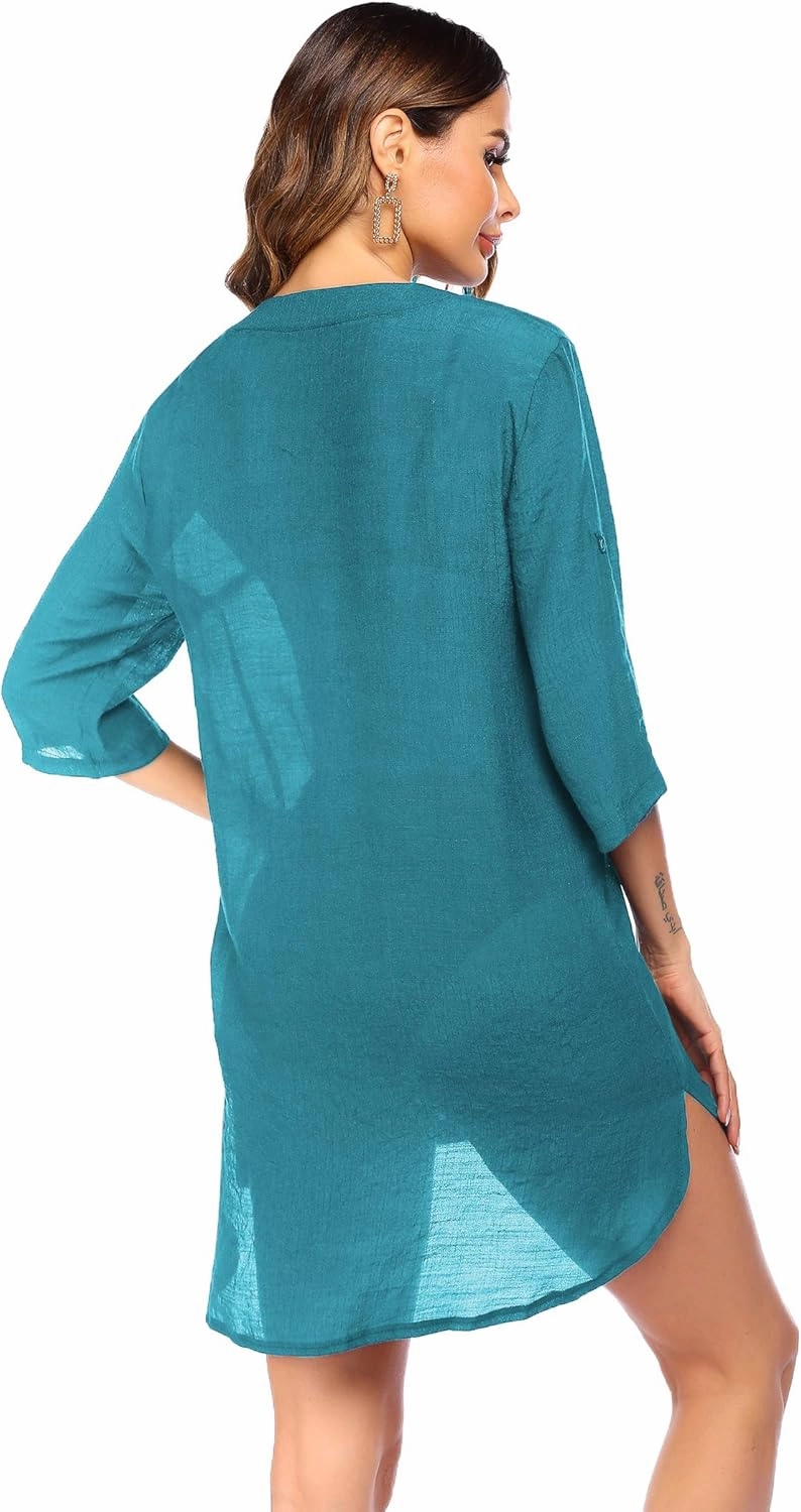 Ekouaer Bathing Suit Cover Up for Women V Neck Button Down Swimsuit Coverup Beach Dress Shirt S-3XL