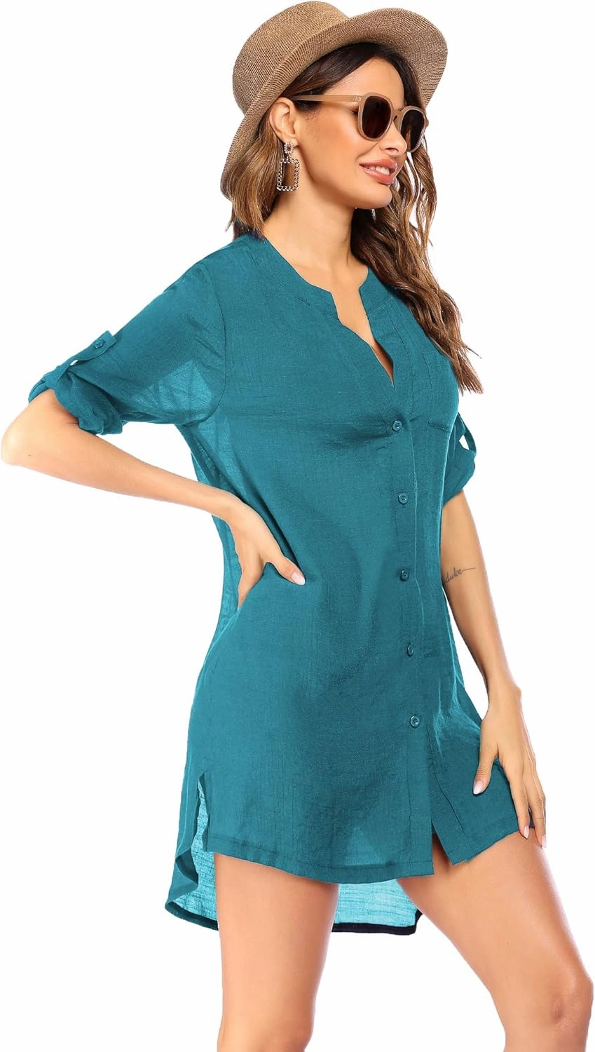 Ekouaer Bathing Suit Cover Up for Women V Neck Button Down Swimsuit Coverup Beach Dress Shirt S-3XL