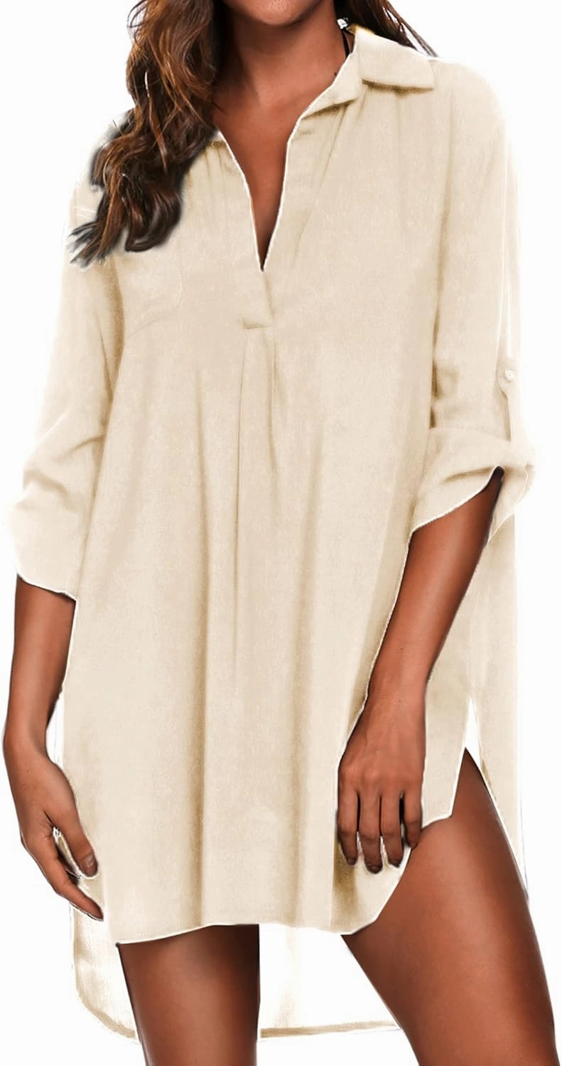 Ekouaer Beach Cover Ups for Women V Neck Bathing Suit Cover Up Bikini Swimsuit Coverup Beach Dress Shirt S-3XL