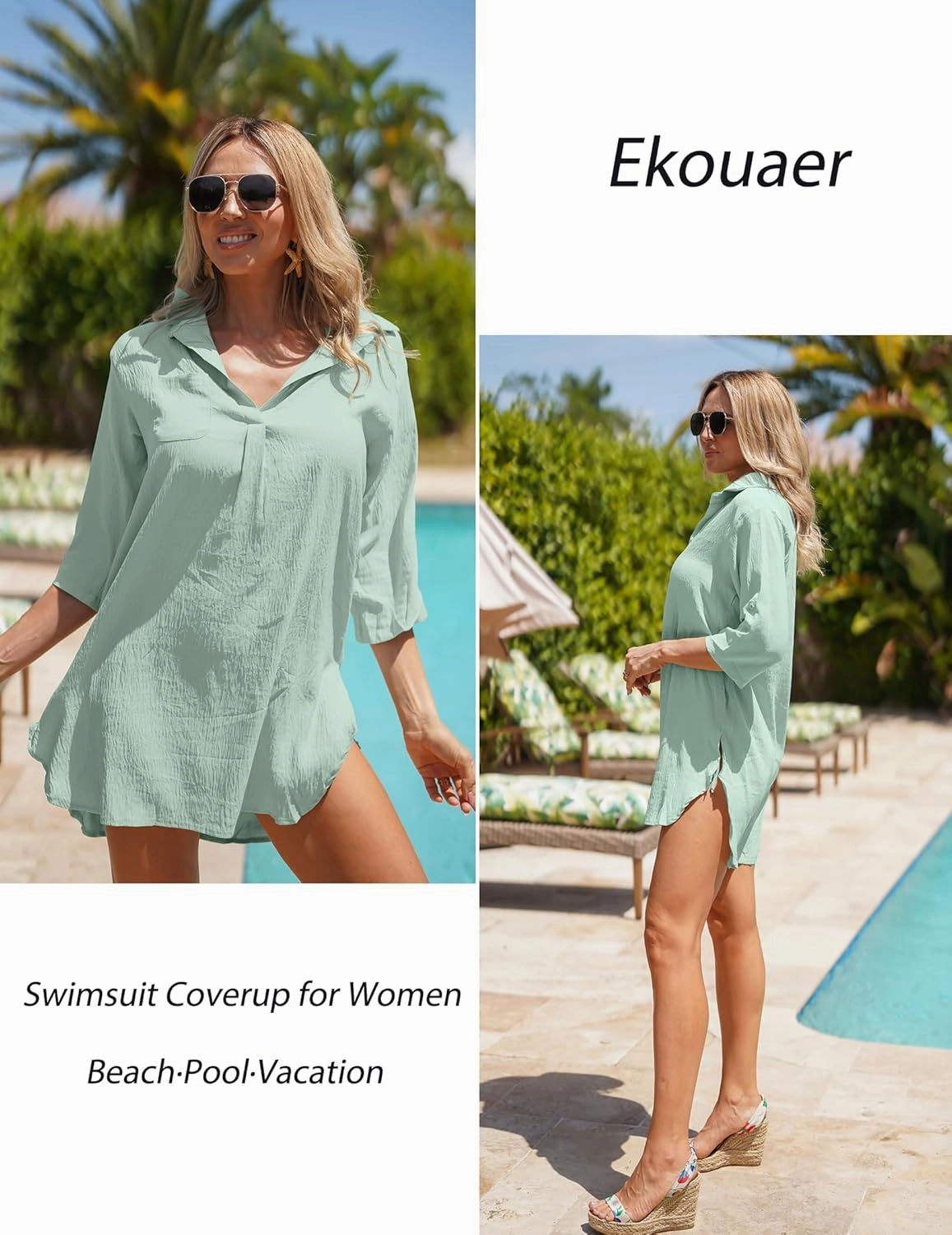 Ekouaer Beach Cover Ups for Women V Neck Bathing Suit Cover Up Bikini Swimsuit Coverup Beach Dress Shirt S-3XL