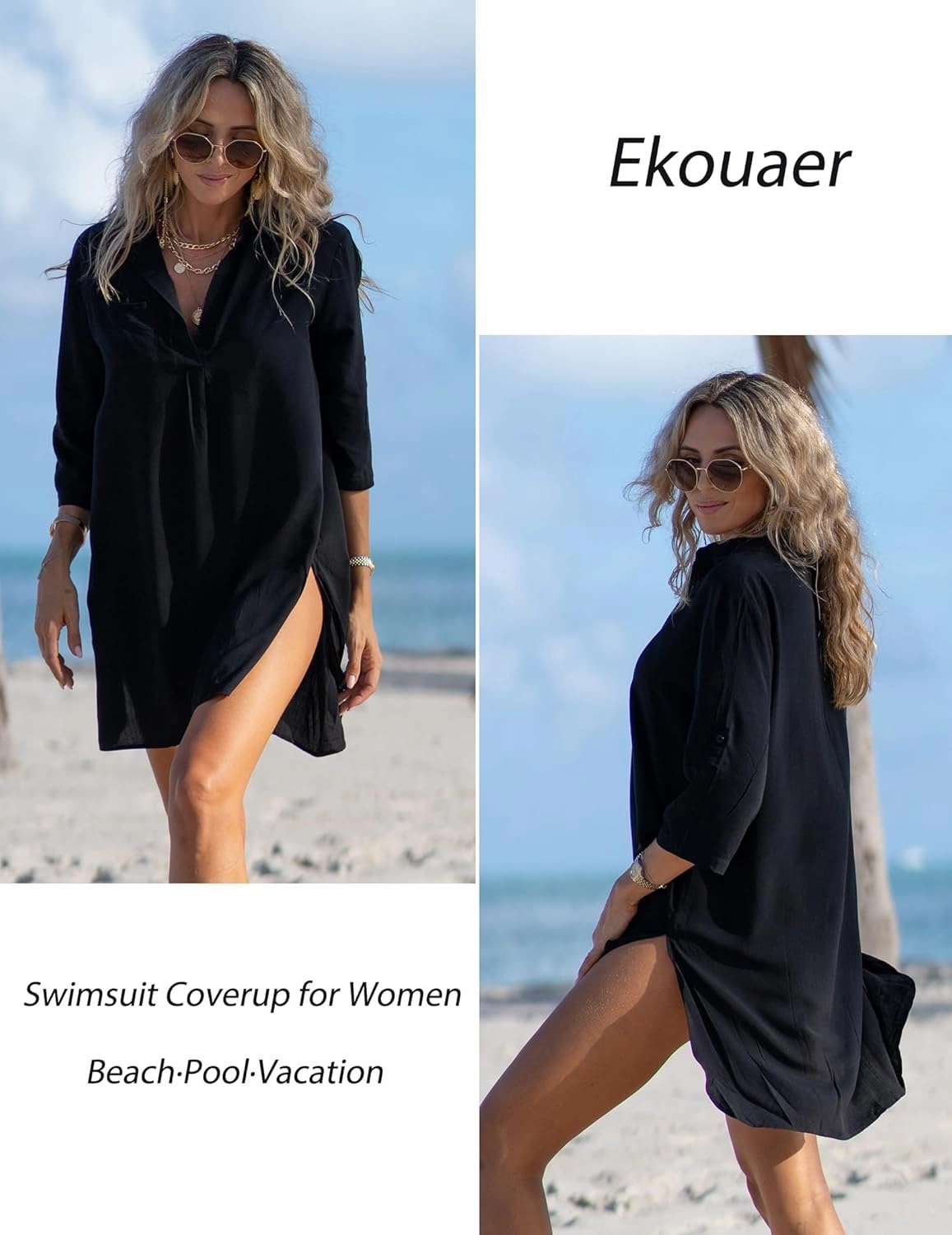 Ekouaer Beach Cover Ups for Women V Neck Bathing Suit Cover Up Bikini Swimsuit Coverup Beach Dress Shirt S-3XL