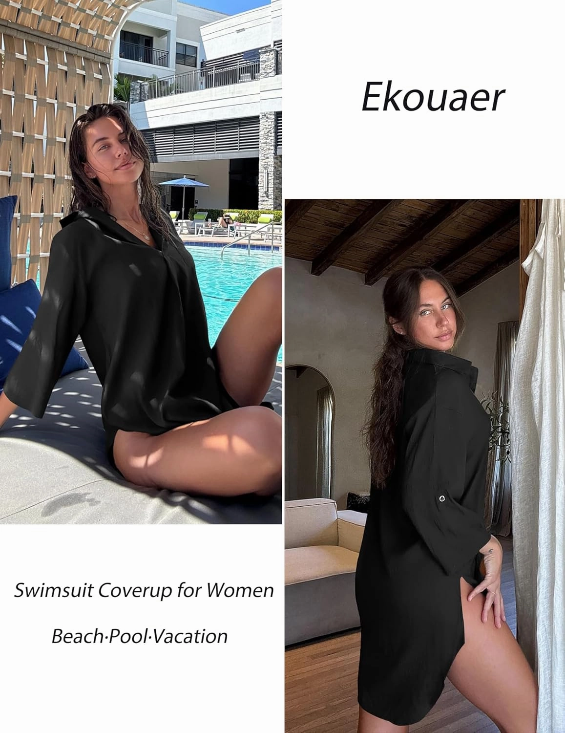 Ekouaer Beach Cover Ups for Women V Neck Bathing Suit Cover Up Bikini Swimsuit Coverup Beach Dress Shirt S-3XL