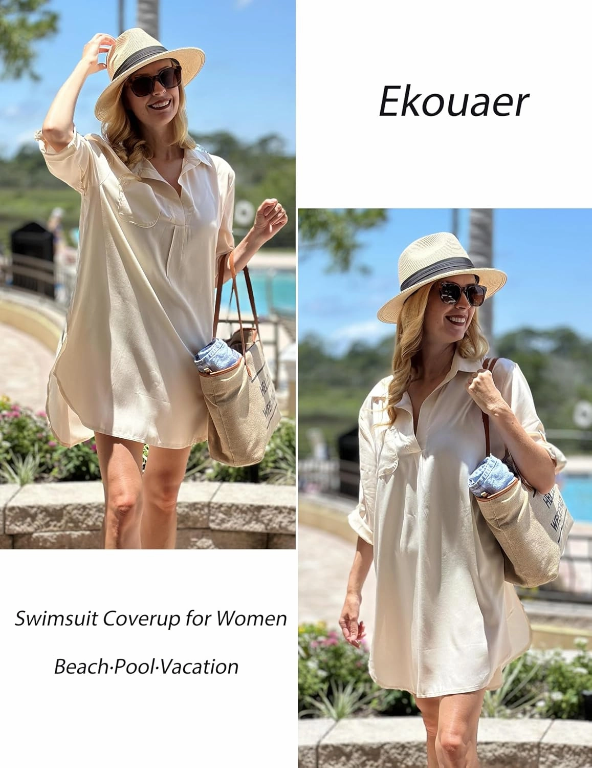 Ekouaer Beach Cover Ups for Women V Neck Bathing Suit Cover Up Bikini Swimsuit Coverup Beach Dress Shirt S-3XL