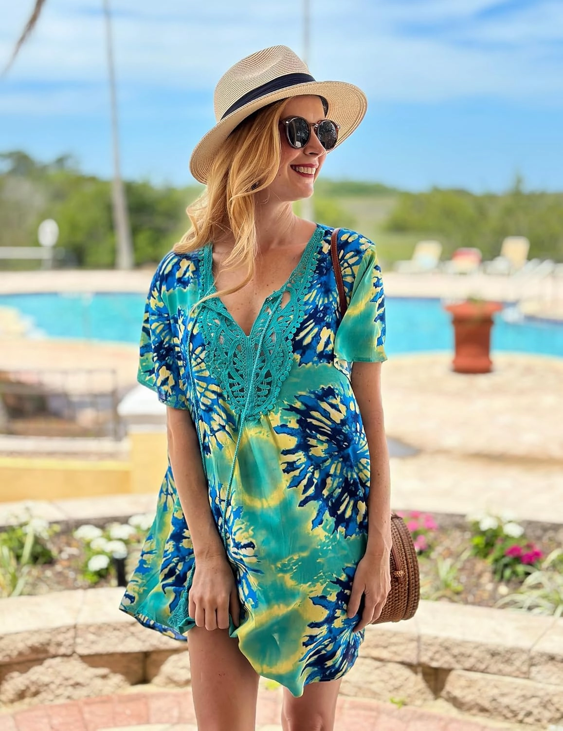 Ekouaer Swimsuit Cover Ups for Women Lace Crochet V-Neck Bikini Beach Coverups Dress for Swimwear Bathing Suit