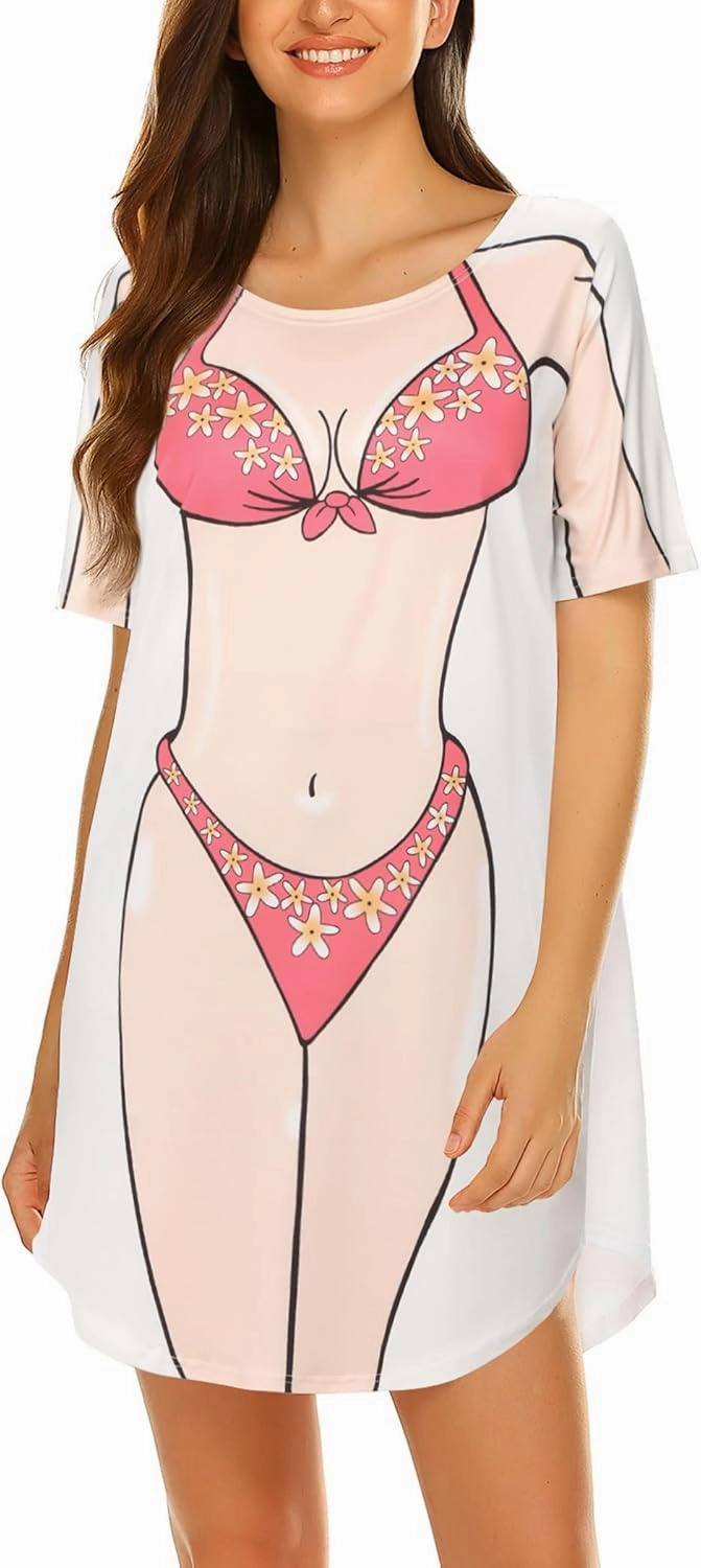 Ekouaer Women's Bikini Shirt Cover Up Short Sleeve Cute Bikini Print Cover-Up Baggy T Shirt Dress Fun Wear