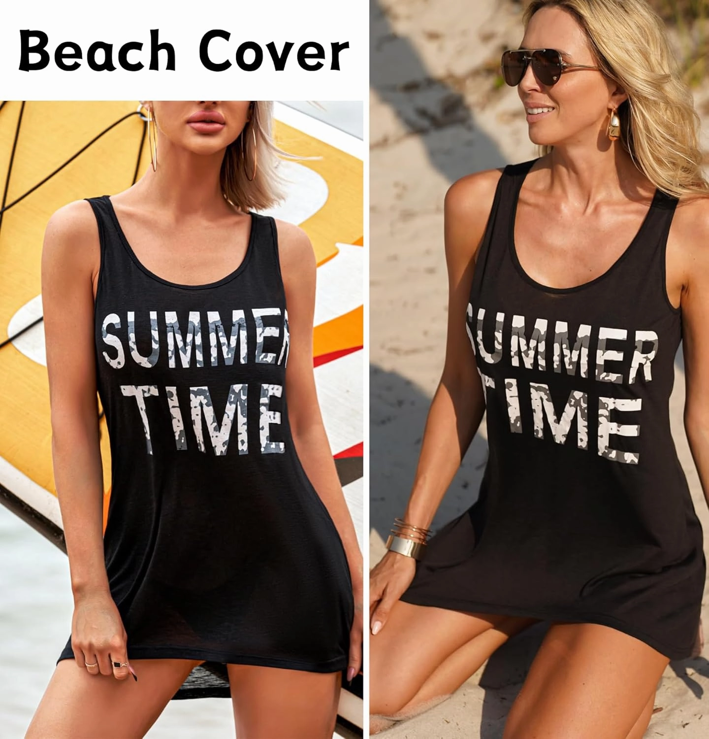 Ekouaer Women's Sleeveless Swimwear Coverups T-Shirt Beach Dress Tank Bikini Cover Up with Print