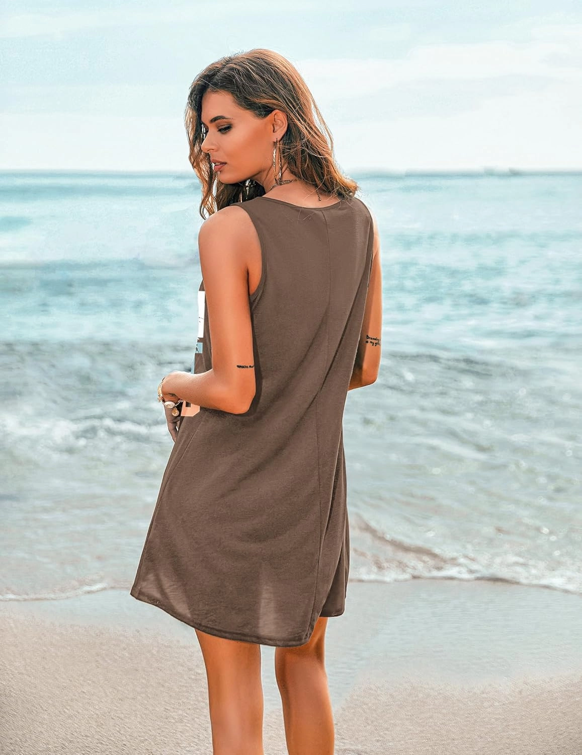 Ekouaer Women's Sleeveless Swimwear Coverups T-Shirt Beach Dress Tank Bikini Cover Up with Print