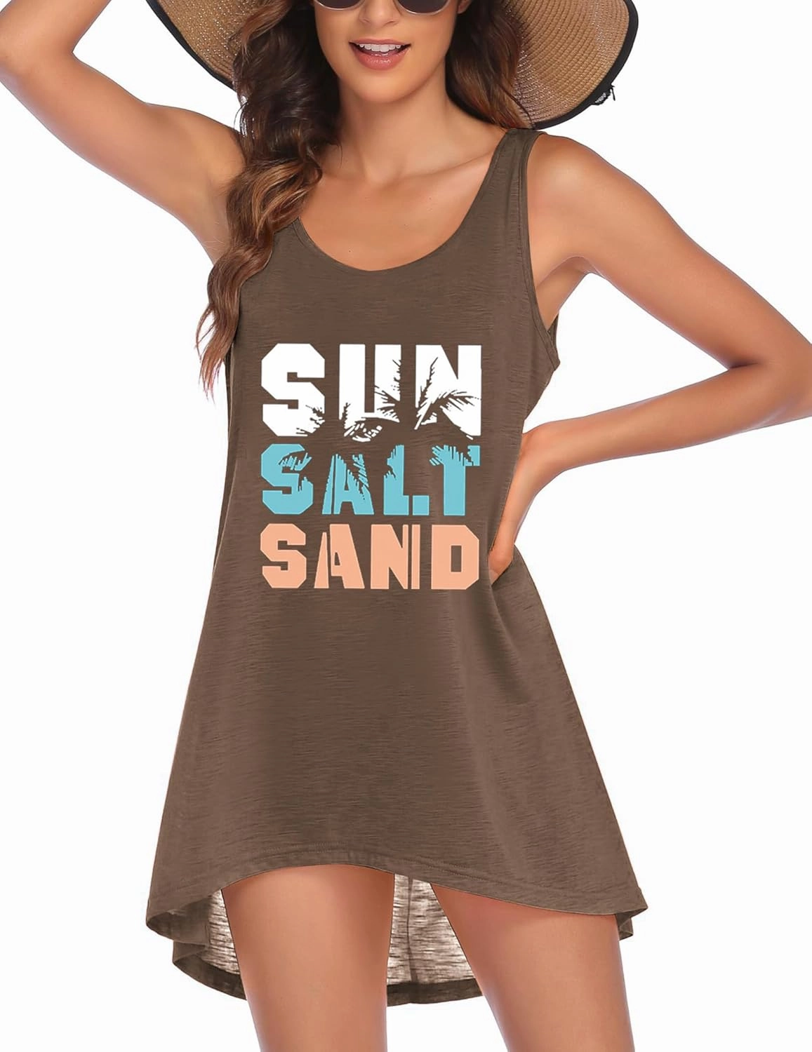 Ekouaer Women's Sleeveless Swimwear Coverups T-Shirt Beach Dress Tank Bikini Cover Up with Print