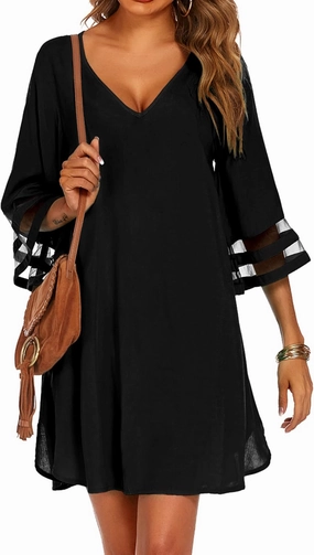 Ekouaer Women's Swimsuit Cover Up 3/4 Bell Sleeve Beachwear Coverups Deep V-Neck Bikini Beach Dress S-3XL
