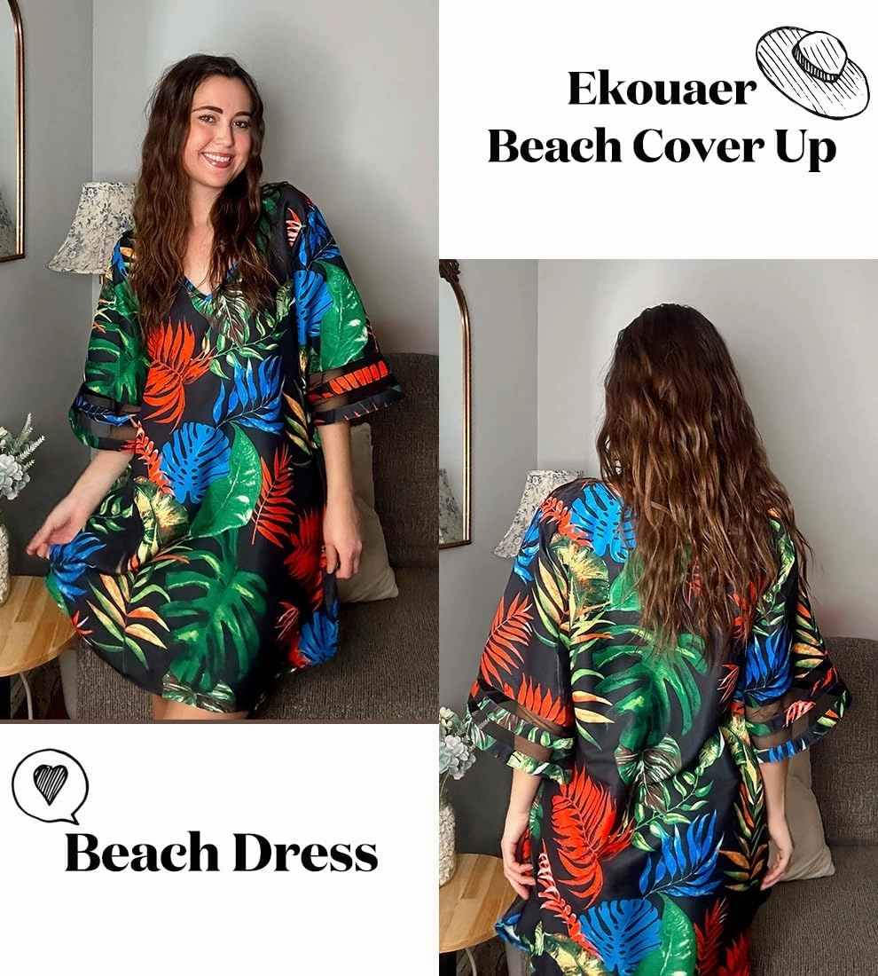 Ekouaer Women's Swimsuit Cover Up 3/4 Bell Sleeve Beachwear Coverups Deep V-Neck Bikini Beach Dress S-3XL