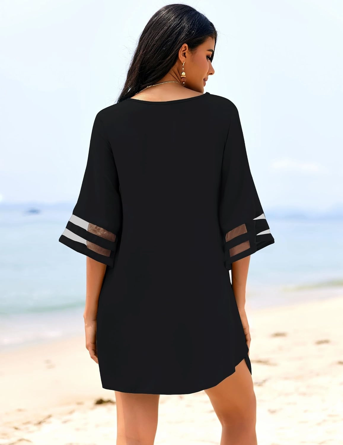 Ekouaer Women's Swimsuit Cover Up 3/4 Bell Sleeve Beachwear Coverups Deep V-Neck Bikini Beach Dress S-3XL