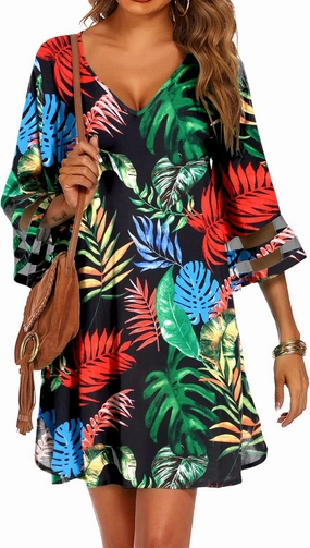 Ekouaer Women's Swimsuit Cover Up 3/4 Bell Sleeve Beachwear Coverups Deep V-Neck Bikini Beach Dress S-3XL