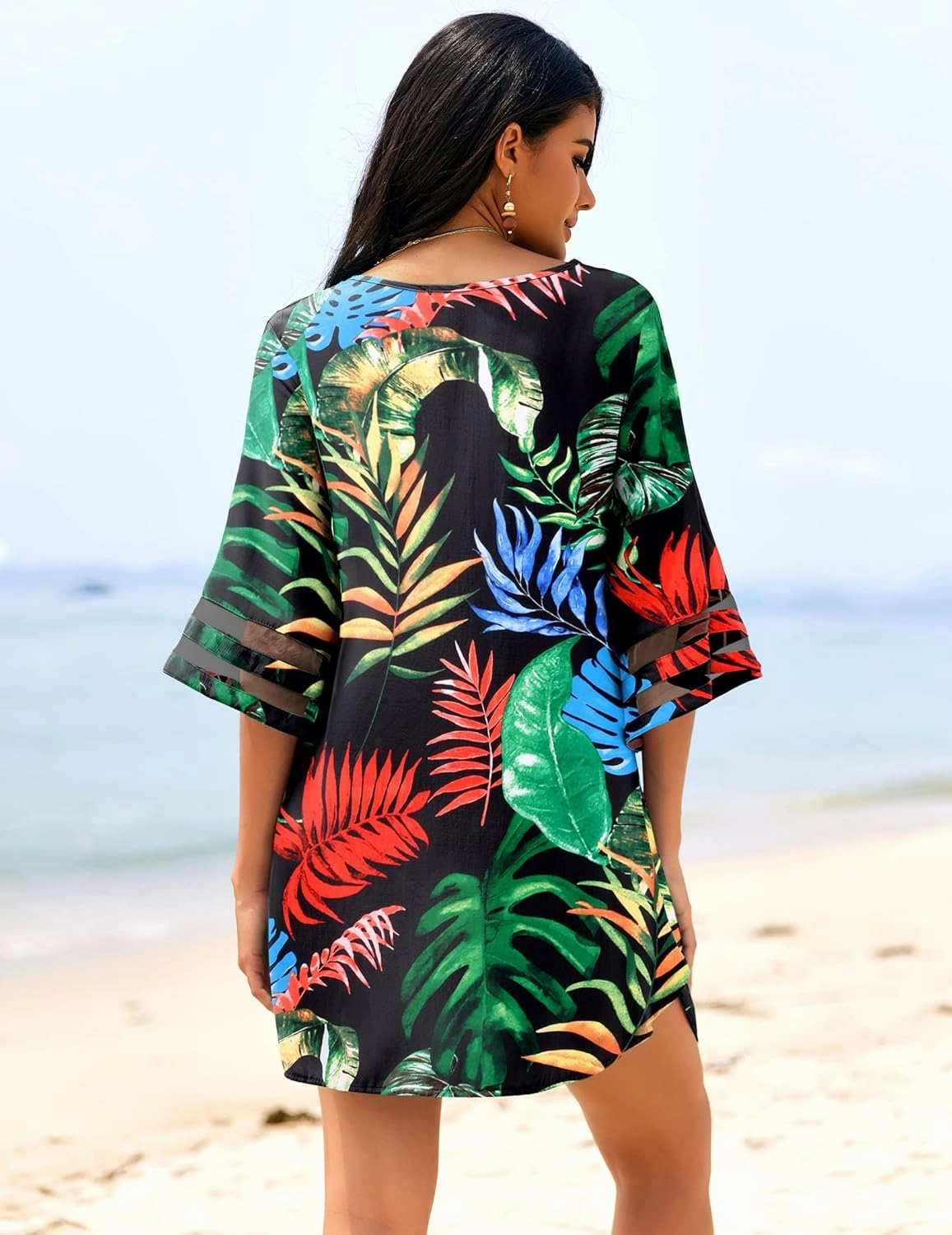 Ekouaer Women's Swimsuit Cover Up 3/4 Bell Sleeve Beachwear Coverups Deep V-Neck Bikini Beach Dress S-3XL