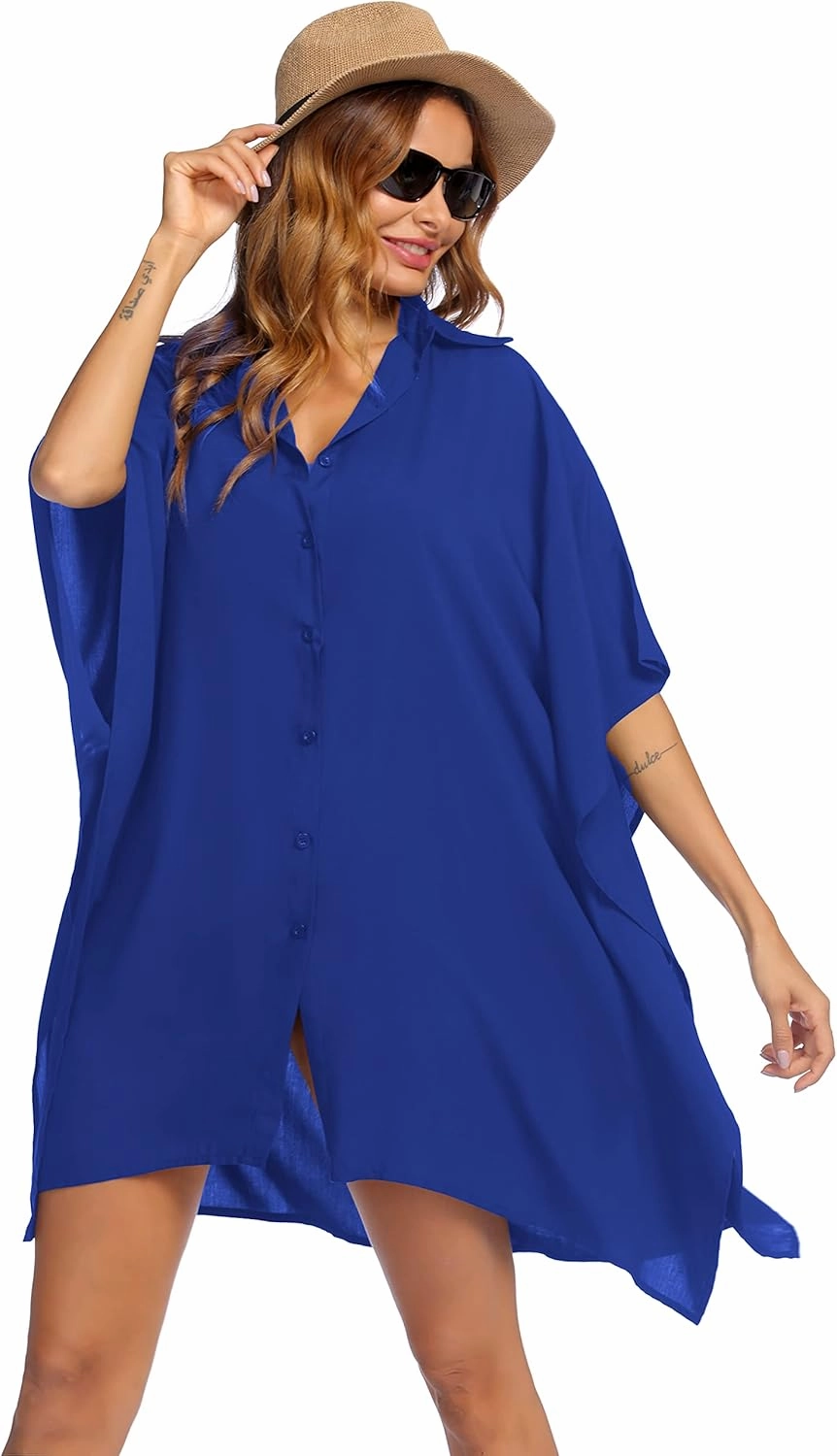 Ekouaer Women's Swimsuit Cover Up 3/4 Sleeve Beachwear Bikini Coverups Button Down Oversized Cover Up Shirt S-3XL