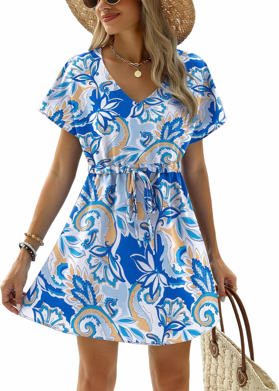 Ekouaer Womens Swimsuit Coverup Short Sleeve Beach Cover Up Dress V Neck Bikini Beachwear