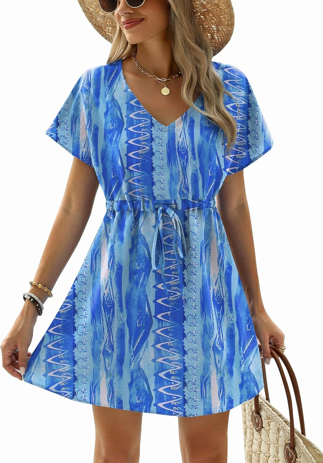 Ekouaer Womens Swimsuit Coverup Short Sleeve Beach Cover Up Dress V Neck Bikini Beachwear