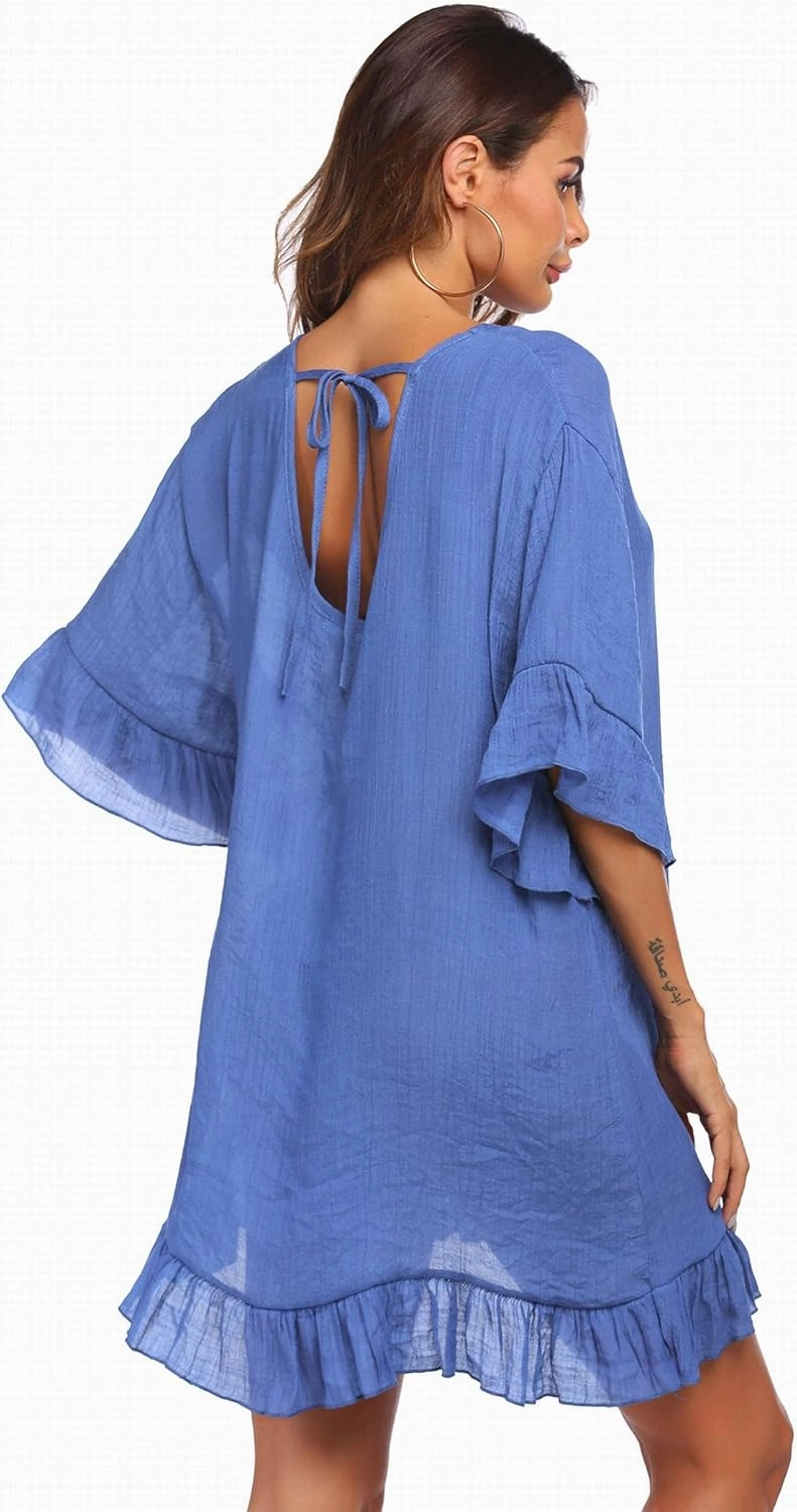 Ekouaer Womens Swimsuit Coverup V Neck Bathing Suit Beach Dress Sexy Ruffle Sleeves Bikini Cover Up Loose Top XS-3XL