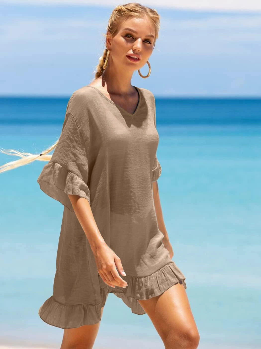 Ekouaer Womens Swimsuit Coverup V Neck Bathing Suit Beach Dress Sexy Ruffle Sleeves Bikini Cover Up Loose Top XS-3XL