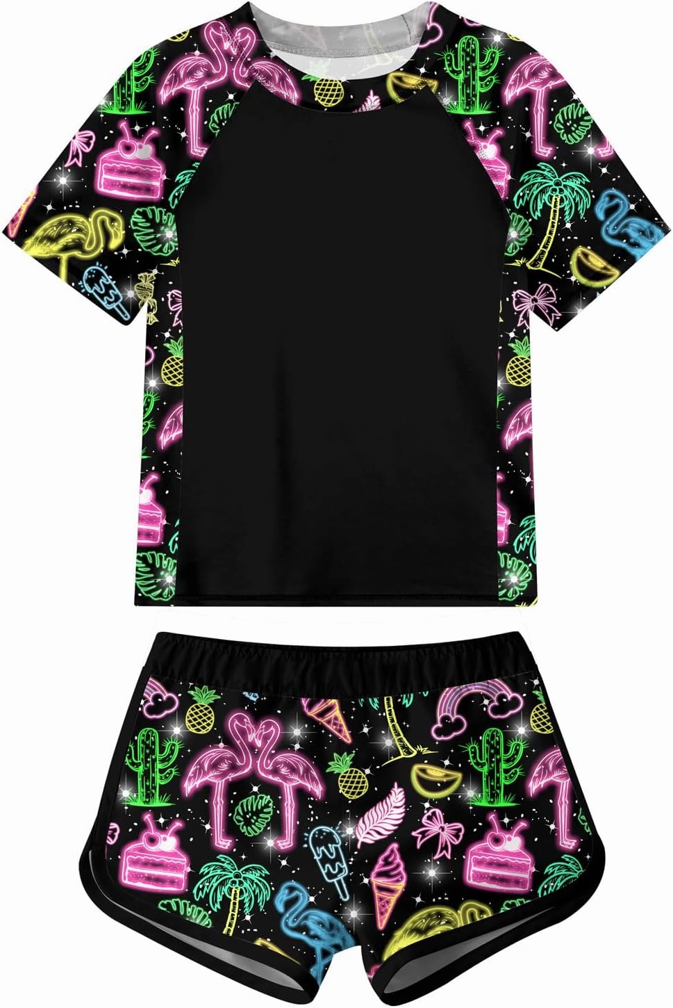 Enlifety 7-14T Girls Swimsuit 2 Piece Bathing Suit Short Sleeve Rash Guard Swimwear Set