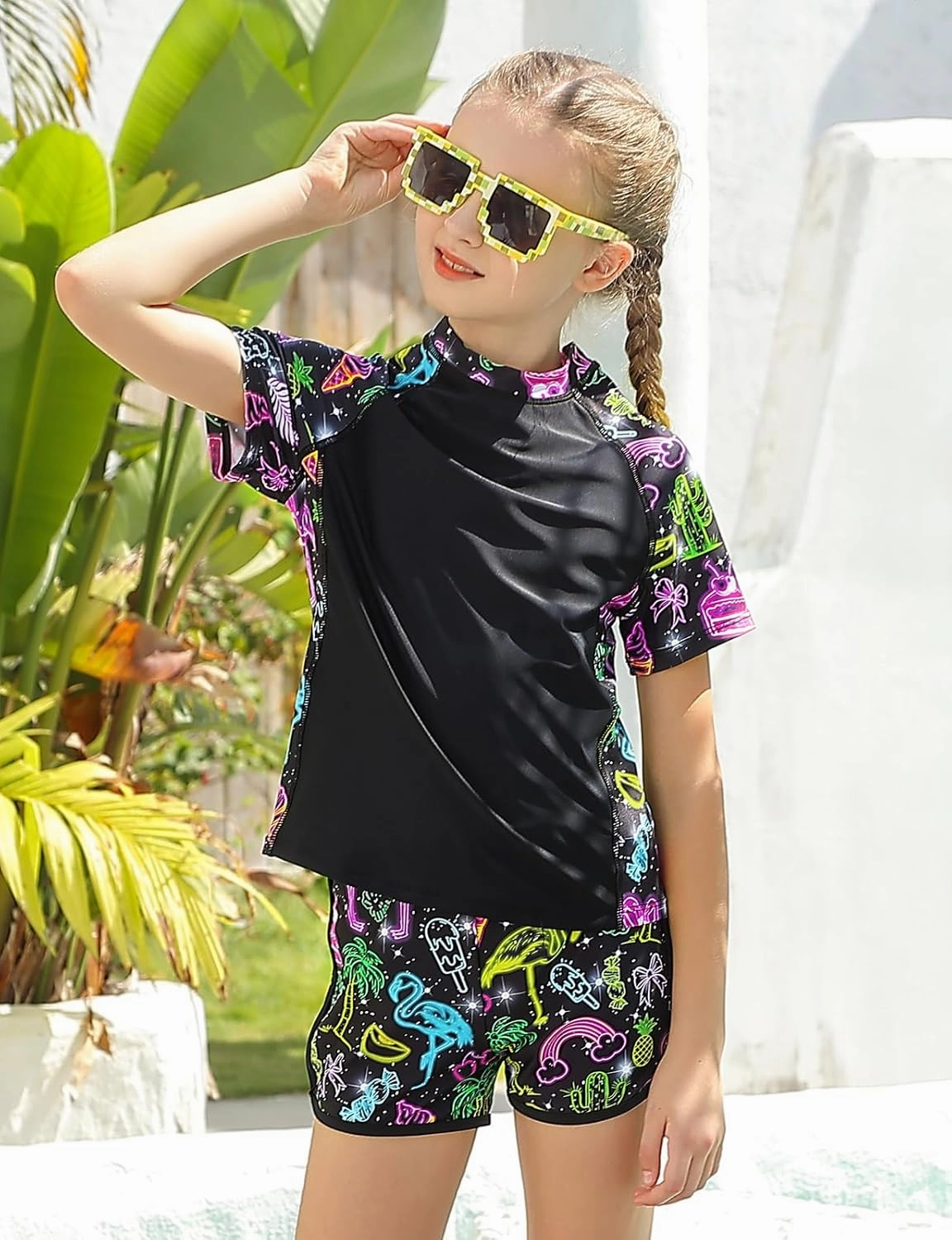 Enlifety 7-14T Girls Swimsuit 2 Piece Bathing Suit Short Sleeve Rash Guard Swimwear Set
