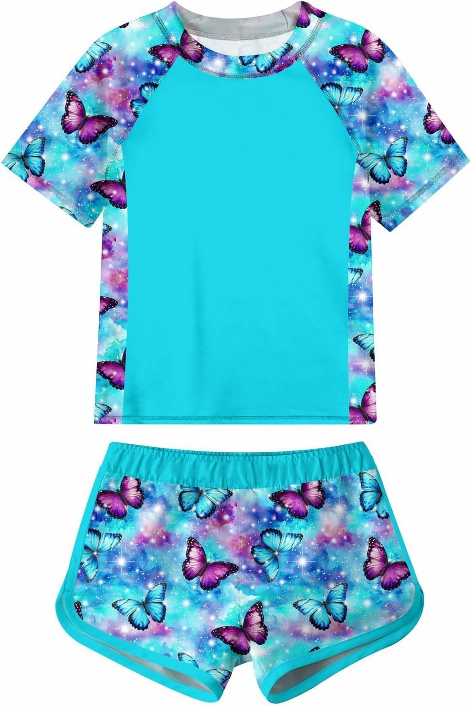 Enlifety 7-14T Girls Swimsuit 2 Piece Bathing Suit Short Sleeve Rash Guard Swimwear Set