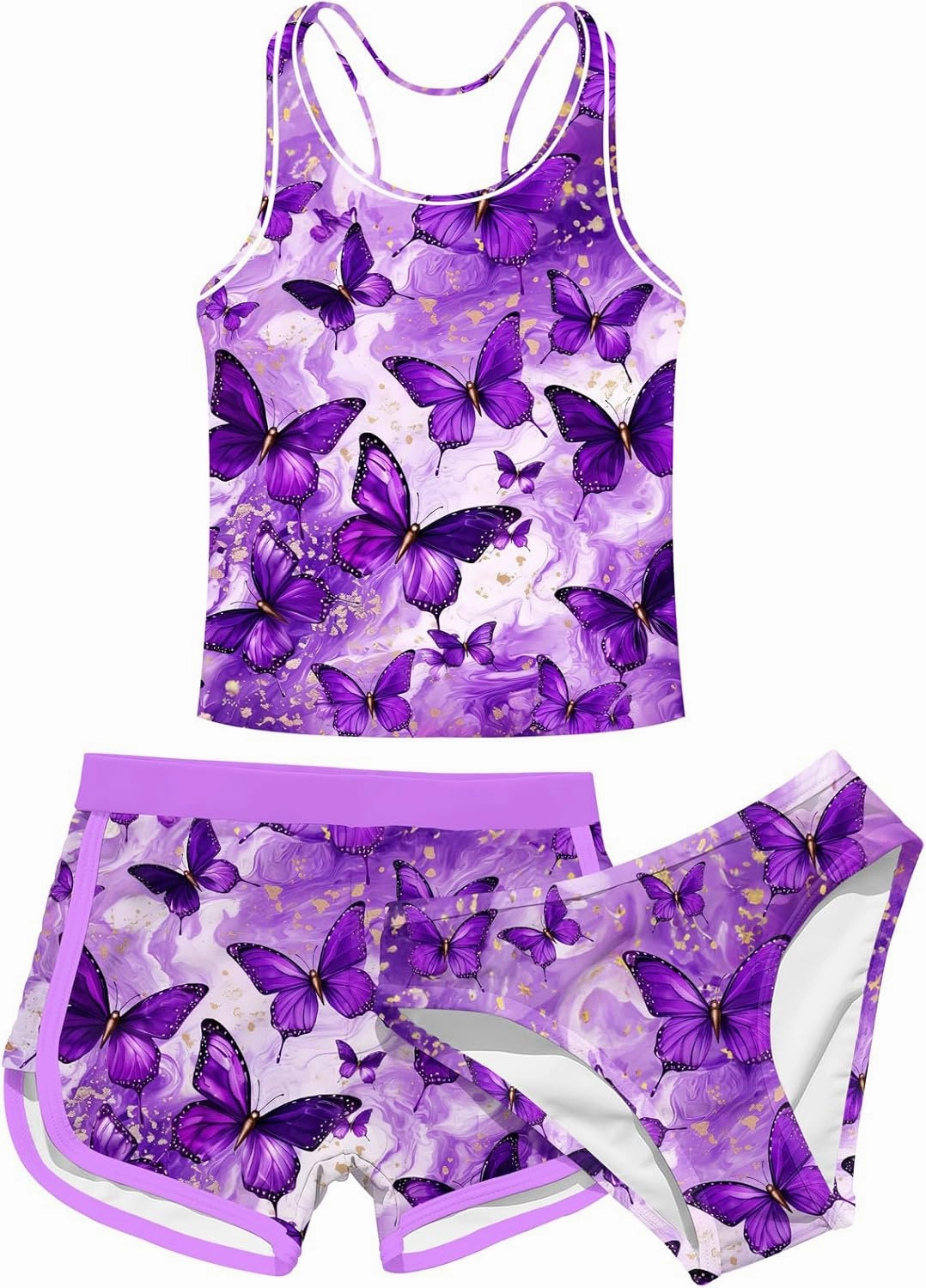 Enlifety 8-15T Kids Girls Swimsuit 3 Piece Bathing Suit Tankini with Shorts