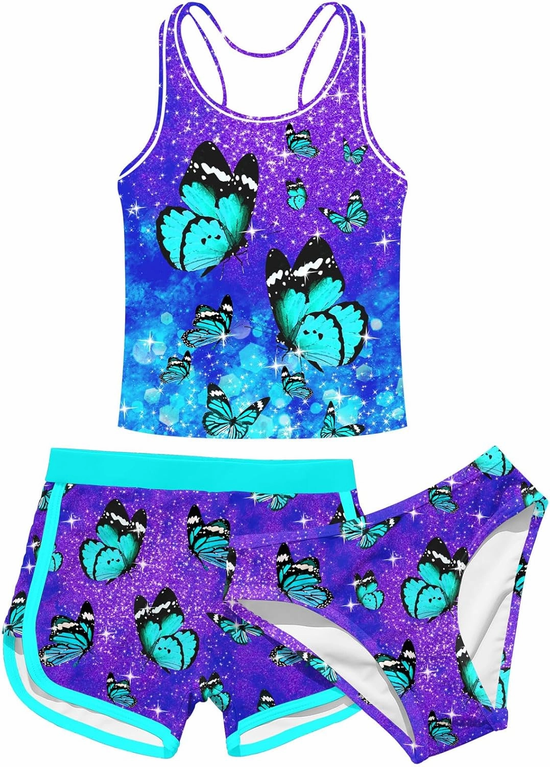 Enlifety 8-15T Kids Girls Swimsuit 3 Piece Bathing Suit Tankini with Shorts