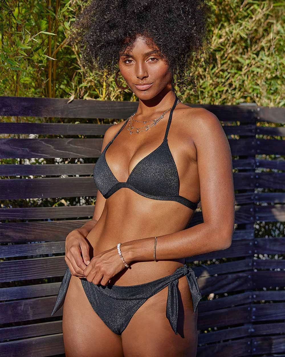 Envy Push Up Padded Shimmer Triangle String Bikini Top and Side Tie Bottom and Cheeky