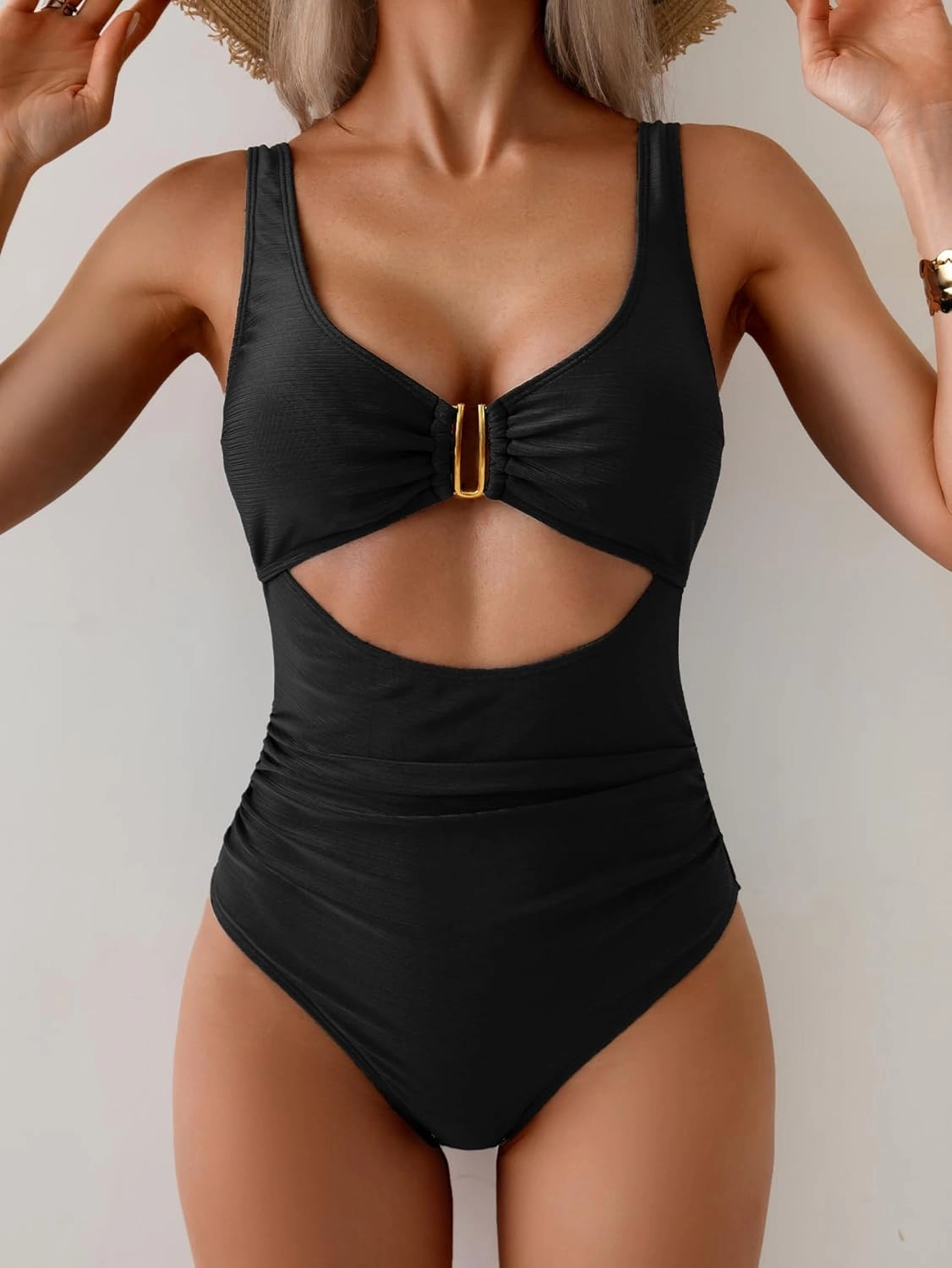 Eomenie Women's One Piece Swimsuit Tummy Control Ruched Bathing Suit Cutout V Neck Swimwear High Cut Tie Back Swim Suit