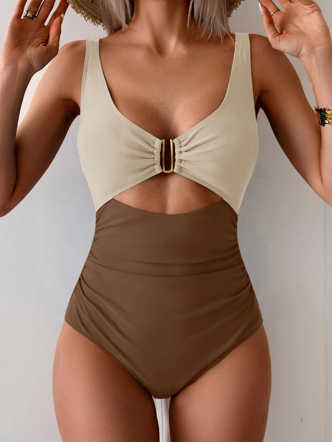 Eomenie Women's One Piece Swimsuit Tummy Control Ruched Bathing Suit Cutout V Neck Swimwear High Cut Tie Back Swim Suit