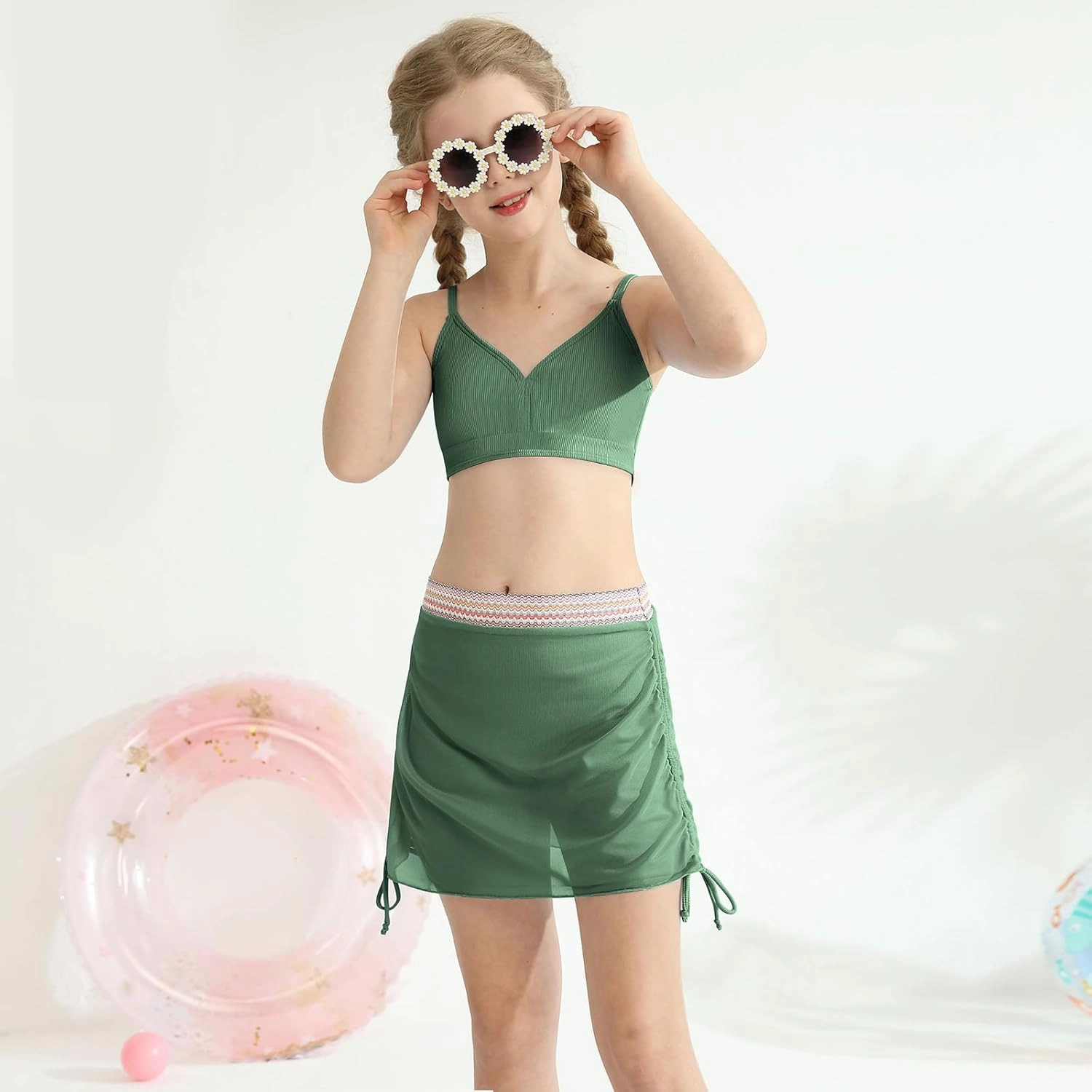 ESHOO Girls Swimsuits Kids 3 Piece Bathing Suit Teen Girls Bikini Swimwear with Drawstring Cover Up Skirt Beach Swimwear