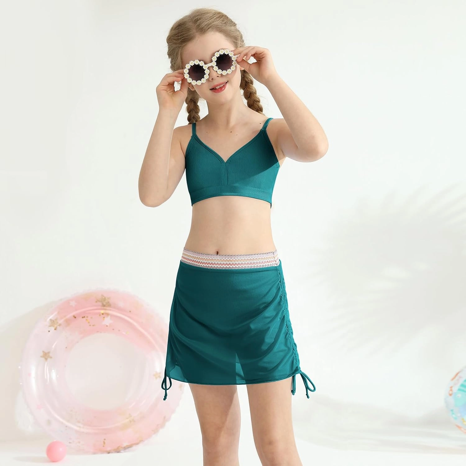 ESHOO Girls Swimsuits Kids 3 Piece Bathing Suit Teen Girls Bikini Swimwear with Drawstring Cover Up Skirt Beach Swimwear