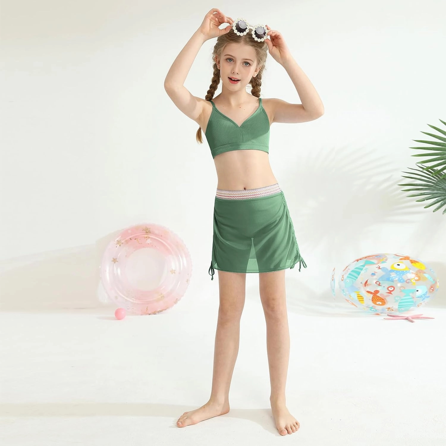ESHOO Girls Swimsuits Kids 3 Piece Bathing Suit Teen Girls Bikini Swimwear with Drawstring Cover Up Skirt Beach Swimwear
