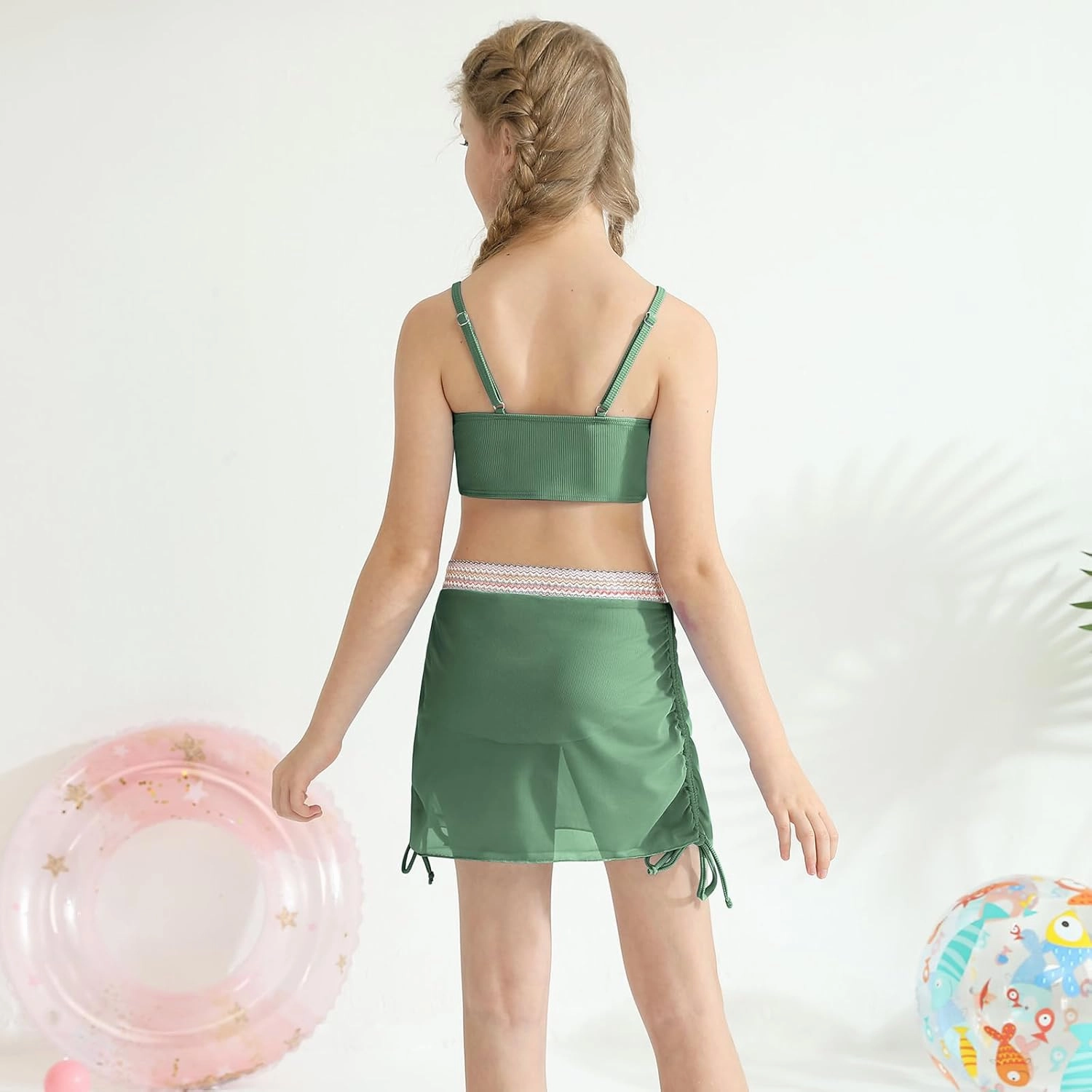 ESHOO Girls Swimsuits Kids 3 Piece Bathing Suit Teen Girls Bikini Swimwear with Drawstring Cover Up Skirt Beach Swimwear