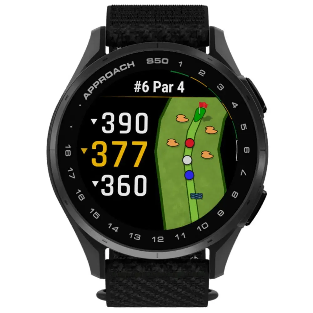 Garmin Approach S50 Golf GPS Watch - Black, Compression golf socks, Golf club cleaner, Solar powered golf cart