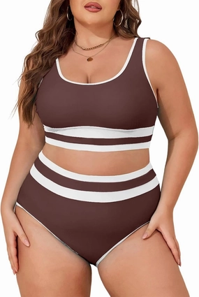 Eytino Womens Plus Size Bikini Sets High Waisted Scoop Neck Bahting Suits Two Piece Color Block Swimsuits(1X-5X)