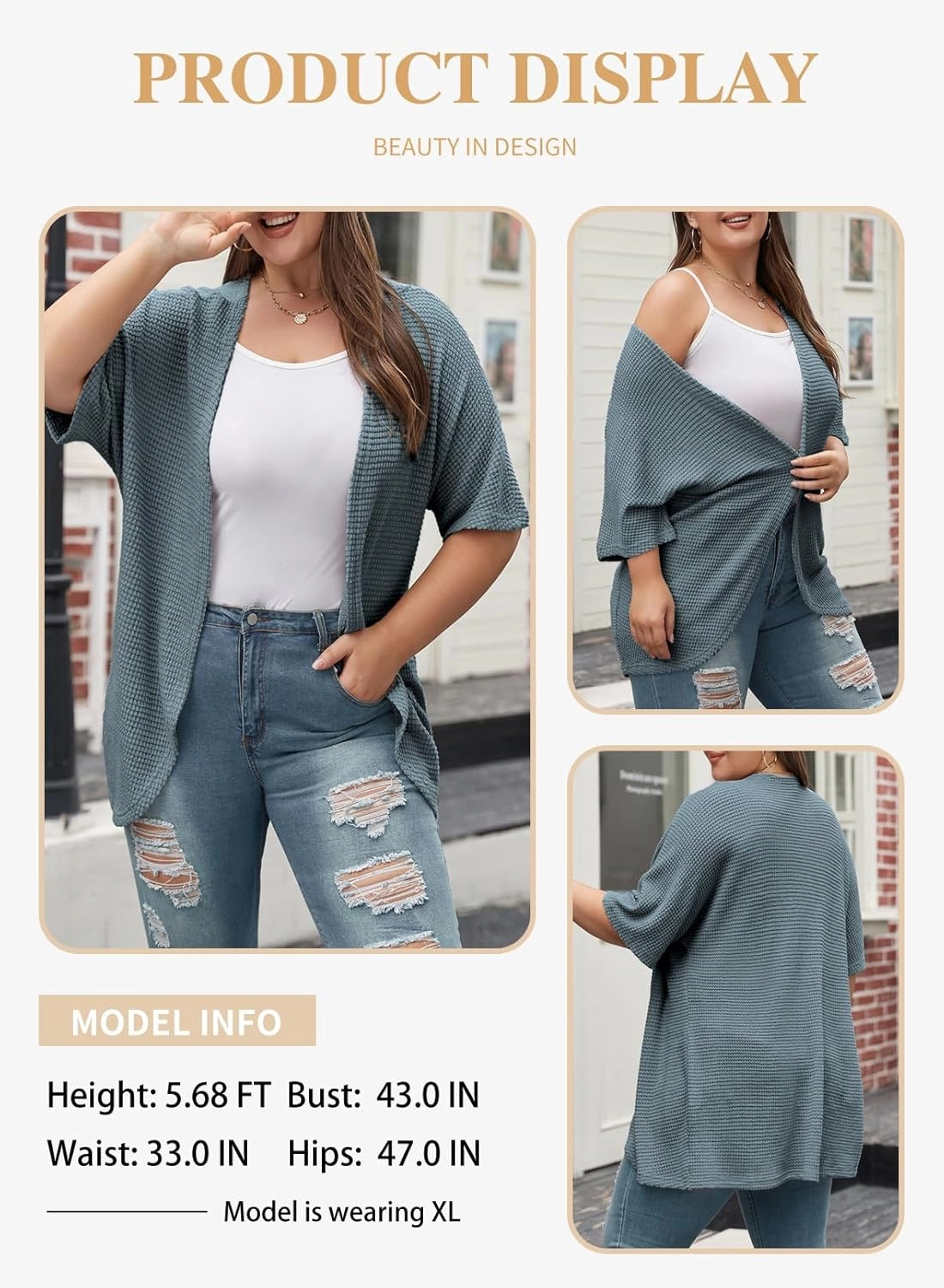 Eytino Womens Plus Size Cardigan Casual Short Sleeve Waffle Knit Kimono Open Front Tops(1X-5X)