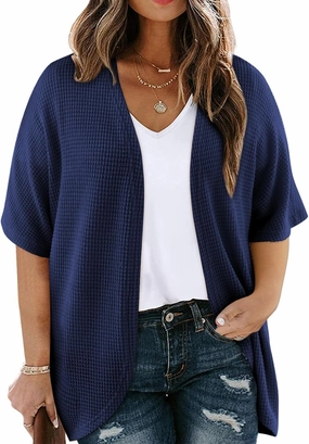 Eytino Womens Plus Size Cardigan Casual Short Sleeve Waffle Knit Kimono Open Front Tops(1X-5X)