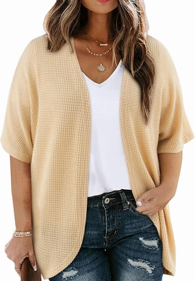Eytino Womens Plus Size Cardigan Casual Short Sleeve Waffle Knit Kimono Open Front Tops(1X-5X)