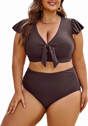 Eytino Womens Plus Size Two Piece Bikini Swimsuit Ruffle Sleeve High Waisted Tummy Control Bathing Suits Swimwear(1X-5X)